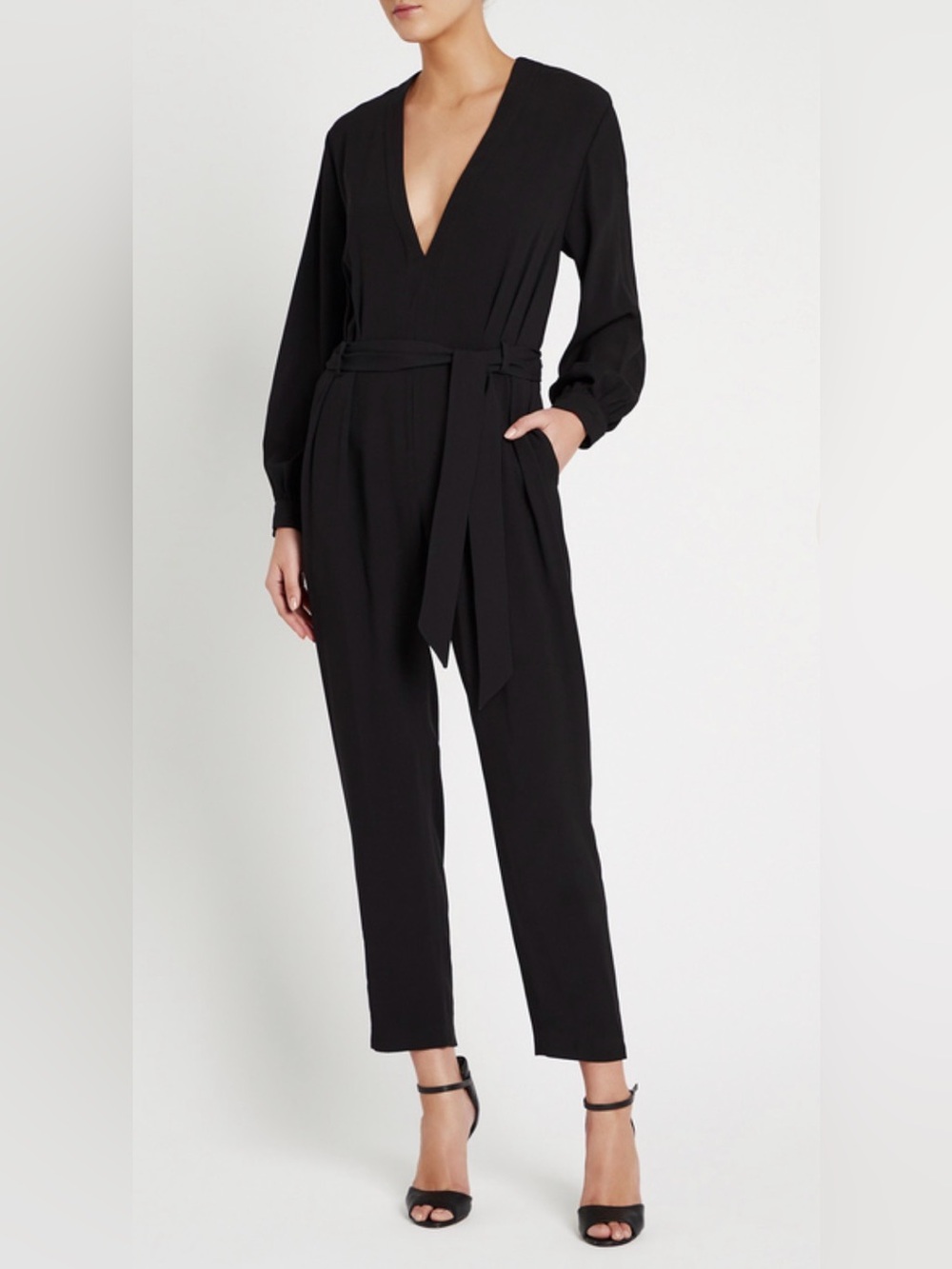 IRO Black V-Neck Long Sleeve Jumpsuit with Waist Tie